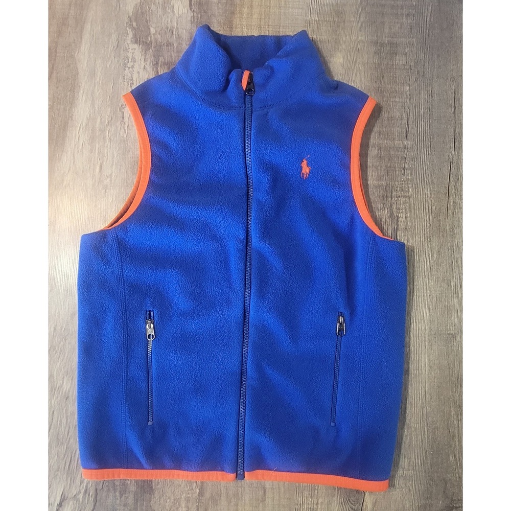 Polo Ralph Lauren Boys Blue Orange Fleece Full Zip Vest Size M 10-12 Pony Logo